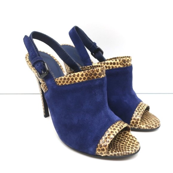 BOTTEGA VENETA SLINGBACK SANDALS NAVY SUEDE AND NATURAL SNAKESKIN SIZE 39 NEW - Picture 3 of 11